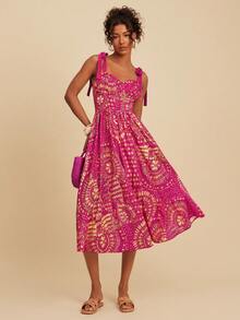 Printed Woven Spaghetti Strap Midi Dress For Vacation - Maroon - View 6
