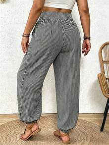 SHEIN Frenchy Mother's Day Vacation Style Plus Size Women's Black And White Striped Pattern Casual Pants With Drawstring Waist And Ruffle Hem Fall - Black and White - View 3