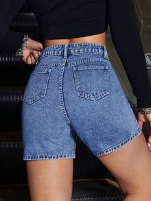 SHEIN PETITE Women's Casual Denim Shorts, Slim Fit - Medium Wash - View 2
