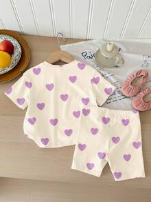 White,Summer,Cute,Graphic,Family Matching Lavender Heart K-POP Cartoon Girl Portrait Print 2-Piece Set,Short Sleeve T-Shirt & Bike Shorts,Sports Wear - Multicolor - View 2