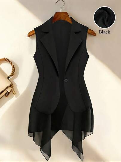 Franclia Blazer fino de verano para mujer, diseño asimétrico con parche en el bajo de gasa, blazer sin mangas que estiliza la cintura, blazer fino negro para ir al trabajo, top de verano, conjunto de verano, top de vacaciones, chaleco para ir al trabajo, traje de oficina, atuendo diario de mujer, conjunto elegante, traje formal, top casual de mujer, atuendo de graduación, conjunto de vacaciones de mujer, top para salir, ropa casual y elegante para ir al trabajo, atuendo de oficina, ropa casual y elegante versátil, ropa de trabajo urbana para maestros