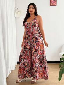 Ceyna Plus Size V-Neck Printed Sleeveless Wide Leg Jumpsuit With Invisible Zipper At Back - Multicolor - View 6