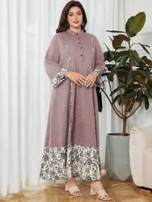 Lacomfia Casual Print Patchwork Long Sleeve Loose Regular Spring/Autumn Plus Size Dress - Mauve Purple - View 3