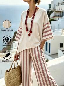 Breezaya Bộ đồ 2 món cho nữ mùa hè, kiểu dáng thoải mái, cổ chữ V, tay cánh dơi, ống đứng, tối giản, phù hợp cho công sở. - Đỏ - Xem 5