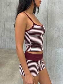 SHEIN EZwear 女士休闲度假通勤条纹印花修身露脐吊带背心和短裤套装，夏季 - 彩色 - 查看 4