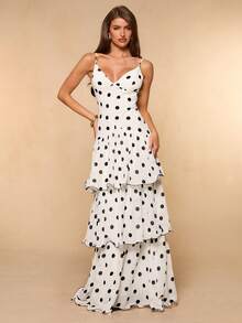 SHEIN BAE Spring Summer Solid White With Black Polka Dots Fitted Multilayer Ruffle Hem Women's Elegant Long Slip Dress, Ruffle Hem Dress Vacation - Black and White - View 1