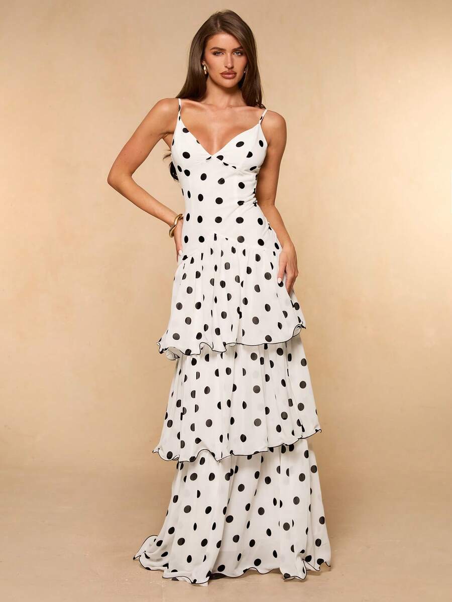 SHEIN BAE Spring Summer Solid White With Black Polka Dots Fitted Multilayer Ruffle Hem Women's Elegant Long Slip Dress, Ruffle Hem Dress Vacation - Black and White - View 1
