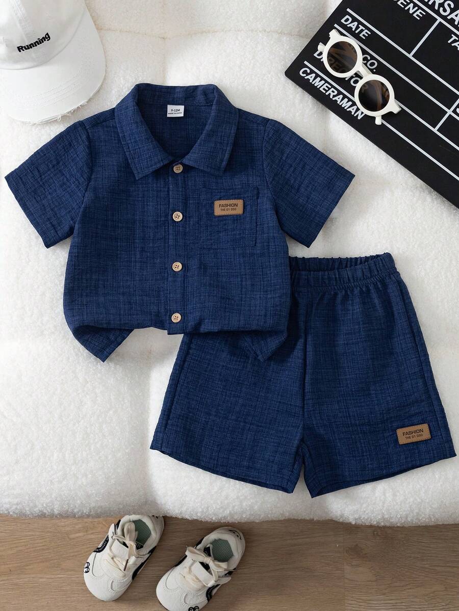 2件組幼兒套裝,海軍藍夏季休閒度假短袖襯衫配立領,搭配白色短褲,適合派對與秋冬季節 - 寶藍色 - 查看 1