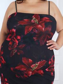 Pretty and Ole Plus Size Summer Vintage Black Placement Burgundy Floral Elegant Mesh Strap Dress, Vacation Outfit.. Plus Size Dresses Summer. Resort Dresses For Women,Beach Dress Sundress,Holiday Outfits Boho/Elegant Plus Size Floral Print Spaghetti Strap Long Dress For Women.Summer Outfits, Valentine's Day Outfits Party - Multicolor - View 3