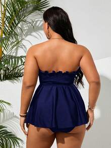 Swim Lushoire Plus Size Women Summer Beach Vacation Solid Color Bust Gather Tankinis Swimwear - Navy Blue - View 2