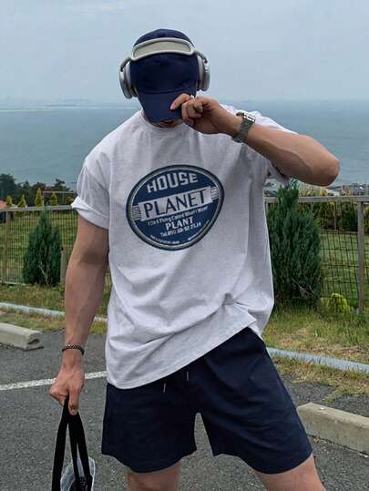 DAZY Men's Letter Print Round Neck Short Sleeve T-Shirt And Drawstring Waist Pocket Shorts Set