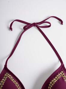 Opulessa Women's Fashion Versatile Metal Rivet Sexy Halter Backless One-Piece Swimsuit - Burgundy - View 8