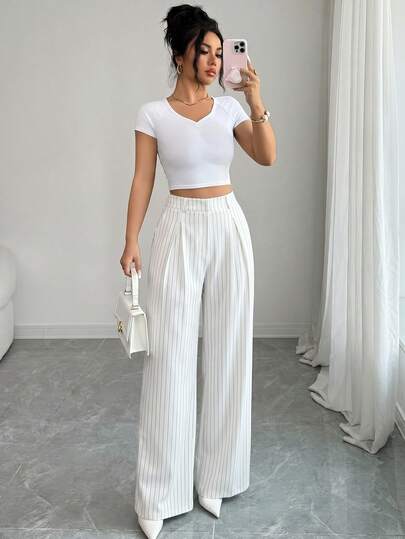 Elenzga Elegant Women's High Waist Pleated Wide Leg Casual Striped Pants, Suitable For Spring/Summer Daily, Vacation And Fashionable White Striped Trousers