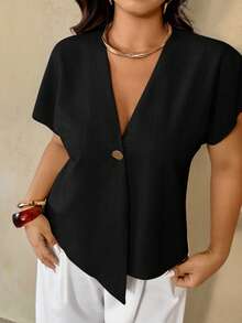 Auralis Women's Black Summer Elegant Formal Evening Work Blouse,Plus Size Crossover V-Neck Metal Button Dropped Shoulder Short Sleeve Office Wear Uniform - Black - View 4