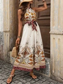 SHEIN Holidaya Đầm ngắn nữ mùa xuân/hè kiểu Bohemian retro in họa tiết Paisley, không tay, cổ đứng, eo thắt. - Màu Đỏ Sâu - Xem 5