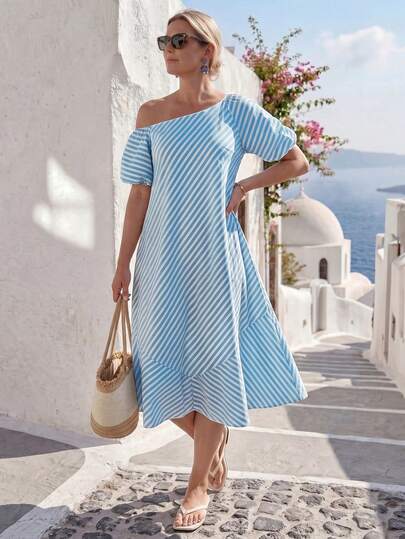 Linhara CURVE Vestido casual de mujer de talla grande con hombros abiertos y rayas