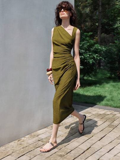 Lumivelle Đầm dệt kim không tay mùa hè dành cho nữ, đầm vải jacquard, đầm vải họa tiết, đầm nghỉ dưỡng thời trang, đầm thường ngày, đầm xếp ly dành cho nữ.