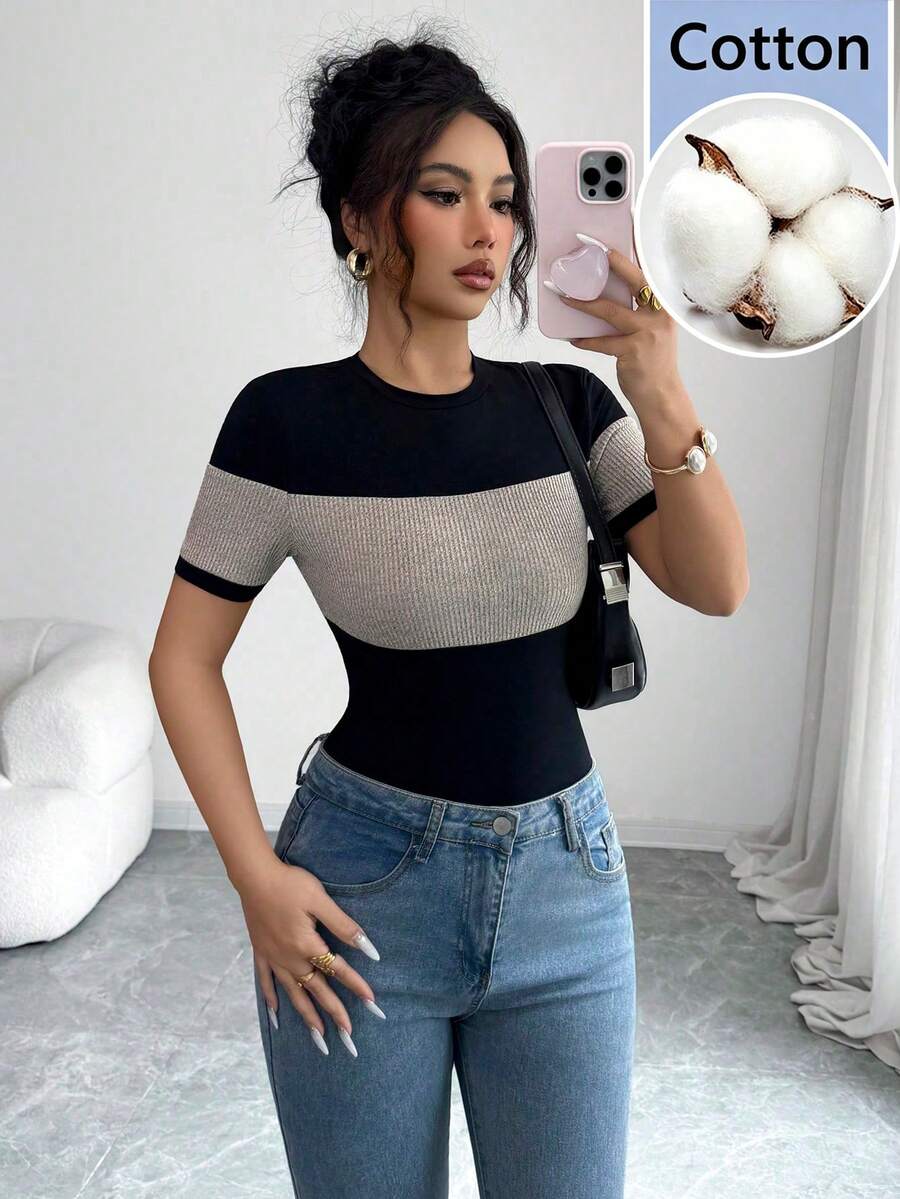 Selianne Women's Casual Sexy Fashion Ribbed Patchwork Design High-Quality Bodysuit, Versatile Short Sleeve Daily Wear, Summer Golf Pastal - Black - View 1