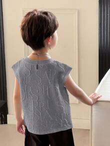 SHEIN Atasan Rajut Kasual Serbaguna untuk Bayi Laki-laki dengan Motif Huruf dan Kancing Dekoratif, Model Longgar, Musim Panas - Light Grey - View 4