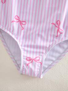 SHEIN 女童蝴蝶结装饰荷叶袖连体泳衣 - 粉色 - 查看 7