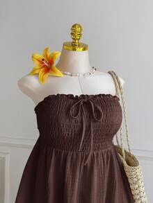 Comfortcana Plus Size Asymmetric Hem Lace Trim Sleeveless Tie Front Ruffle Blouse, Spring/Summer - Brown - View 4