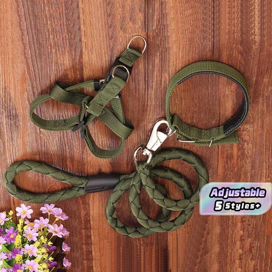 Three Pieces Set Of Large Dog Thick Braided Nylon Rope, Pet Leash, Collar - Army Green - View 1