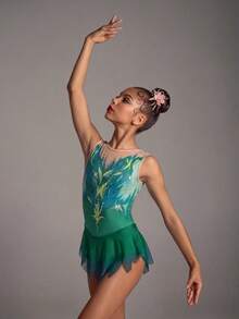 SHEIN Tween Girls Gymnastics Leotard, Mesh Bottom, All-Over Print Design. High Stretch Fabric, Comfortable Stretch, Fall Winter, Autumn, Back To School - Green - View 4