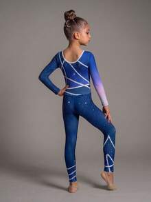 SHEIN Elite Gymnastics Leotard For Young Girls,Summer Sport Competition-Grade High-Elasticity Fabric,Artistic Line Print Pattern For Training&Performances - Navy Blue - View 2