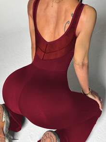 Dewbera Dewbera 女士黑色紧身U领拼接网纱露背连体裤，显瘦拉长身形，适合日常休闲穿着、跑步、瑜伽、健身、网球、高尔夫等运动。 - 酒紅色 - 查看 5