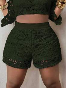 Maweii Plus Size Women Hollow Design High Waist Fashionable Shorts - Olive Green - View 1