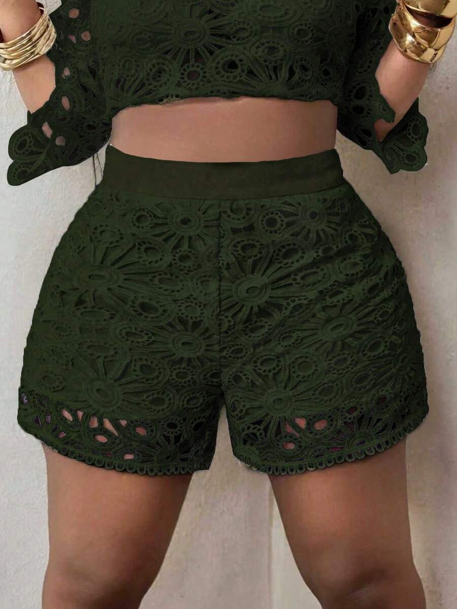 Maweii Plus Size Women Hollow Design High Waist Fashionable Shorts - Olive Green - View 1