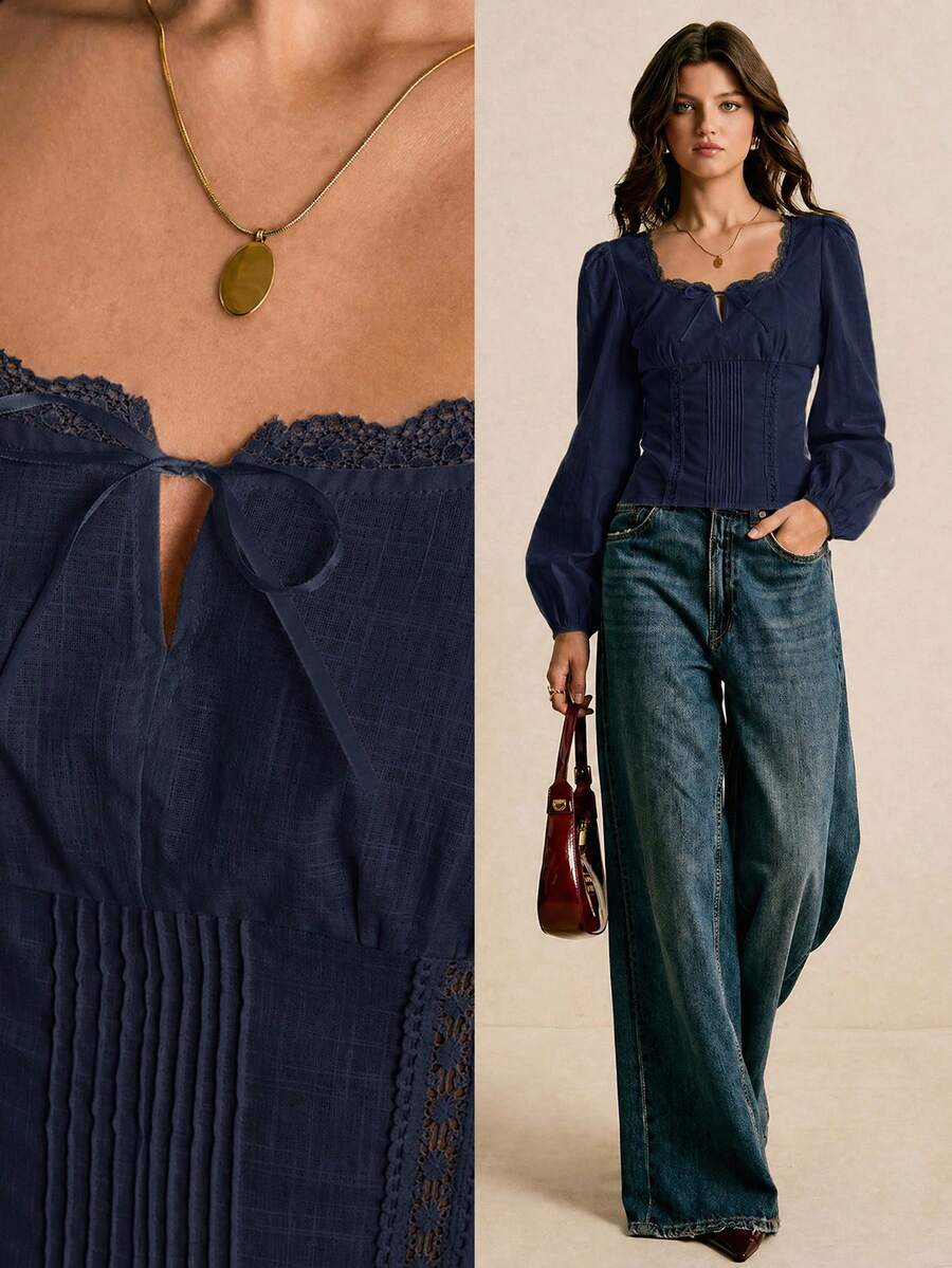 Poéselle Women's Elegant Solid Color Contrast Lace Twist Collar Lantern Sleeve Blouse - Navy Blue - View 1