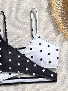 SHEIN Bộ đồ bơi 3 món cho bé gái tuổi teen: Áo và quần bikini in chấm bi, váy lưới. Thích hợp cho bãi biển, hồ bơi, mùa hè, kỳ nghỉ. - Đen và trắng - Xem 3