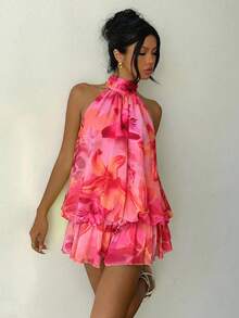 Aloruh Vestido mini elegante de mujer con cuello de halter y efecto degradado de color - Multicolor - Ver 8