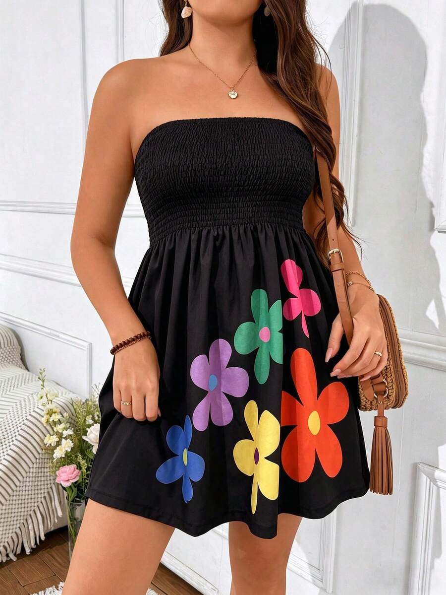 SHEIN Clasi Plus Size Women Floral Print Strapless Dress, Vacation - Multicolor - View 1