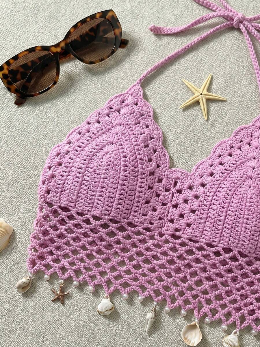 Swim Mod Cubrecuerpo de mujer de unicolor con ganchillo en el cuello halter - Rosa - Ver 1