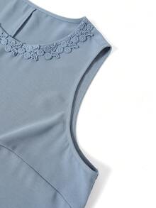 Modelyn Áo tank top nữ cỡ lớn, cổ tròn, viền hoa 3D thanh lịch, thời trang, tôn dáng, đa năng, thích hợp cho mùa hè. - Màu xanh lam - Xem 4