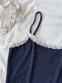 SHEIN 少女休闲简约海军蓝针织撞色蕾丝边吊带背心套装 - 寶藍色 - 查看 4
