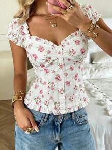 Elegante camisa de mujer con bordado floral en jacquard, disponible en múltiples colores, con diseño de cintura entallada y volantes - Blanco - Ver 2