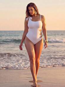 Swim Oasis Plus Size Solid Color Minimalist Curve Sexy One-Piece Swimsuit Beach White Summer - White - View 13