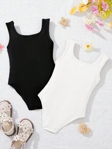 SHEIN 女童两件套夏季休闲度假日常通勤简约百搭纯色罗纹针织吊带连体裤 - 彩色 - 查看 2