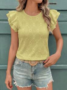 SHEIN Tween Girls Pale Yellow Textured Woven Round Neck Ruched Ruffle Trim Flutter Sleeve Fitted Cute Top,French Elegant Summer Vacation,Tea Party For Kids - Yellow - View 2