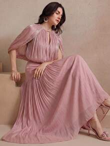 Anewsta Falda larga de cintura alta con pliegues, de tela brillante, estilo bohemio, versátil y casual para vacaciones - Rosa vieja - Ver 4