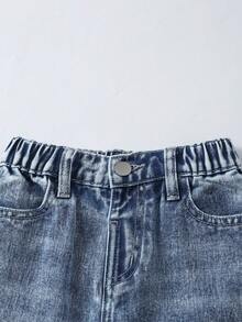 SHEIN Quần jean denim thường ngày cho bé gái, thiết kế mới đa năng, màu xanh lam bạc màu kiểu cổ điển, cạp chun, chất liệu cotton, mềm mại và thoải mái, phù hợp để mặc cùng áo phông, đi nghỉ mát, đi học, mặc thường ngày, dự tiệc, mùa hè. - Màu xanh lam - Xem 4