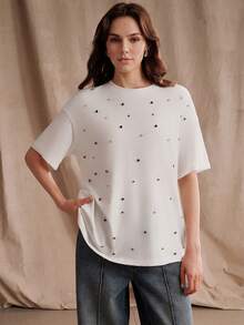 Anewsta Summer Fresh Colorful Rhinestone Embellished Fashion Women's Round Neck Loose T-Shirt - White - View 8