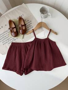 SHEIN LMoss Kids Young Girl Summer Casual Loose Spaghetti Strap Tank Top And Ruffle Hem Shorts 2 Pieces Set - Burgundy - View 2