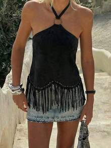 Opulessa Women's Solid Color Fringe Halter Top, Spring/Summer,Summer Top - Black - View 7