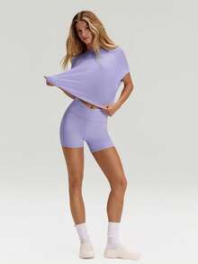 GLOWMODE Modal Oversized Short Sleeve Tee With Keyhole Back Low Impact Yoga Pilates Daily Casual - Purple - View 7