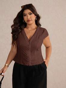 Elaquor Blusa de talla grande de verano, de unicolor con adorno de encaje - Marrón - View 5