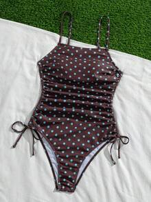 Swim Mod 女士休闲复古时尚沙滩度假户外夏季性感百搭波点/经典圆点随机印花系带露背修身连体泳衣，适合春假、返校季、假期、春季海滩度假 - 彩色 - 查看 8